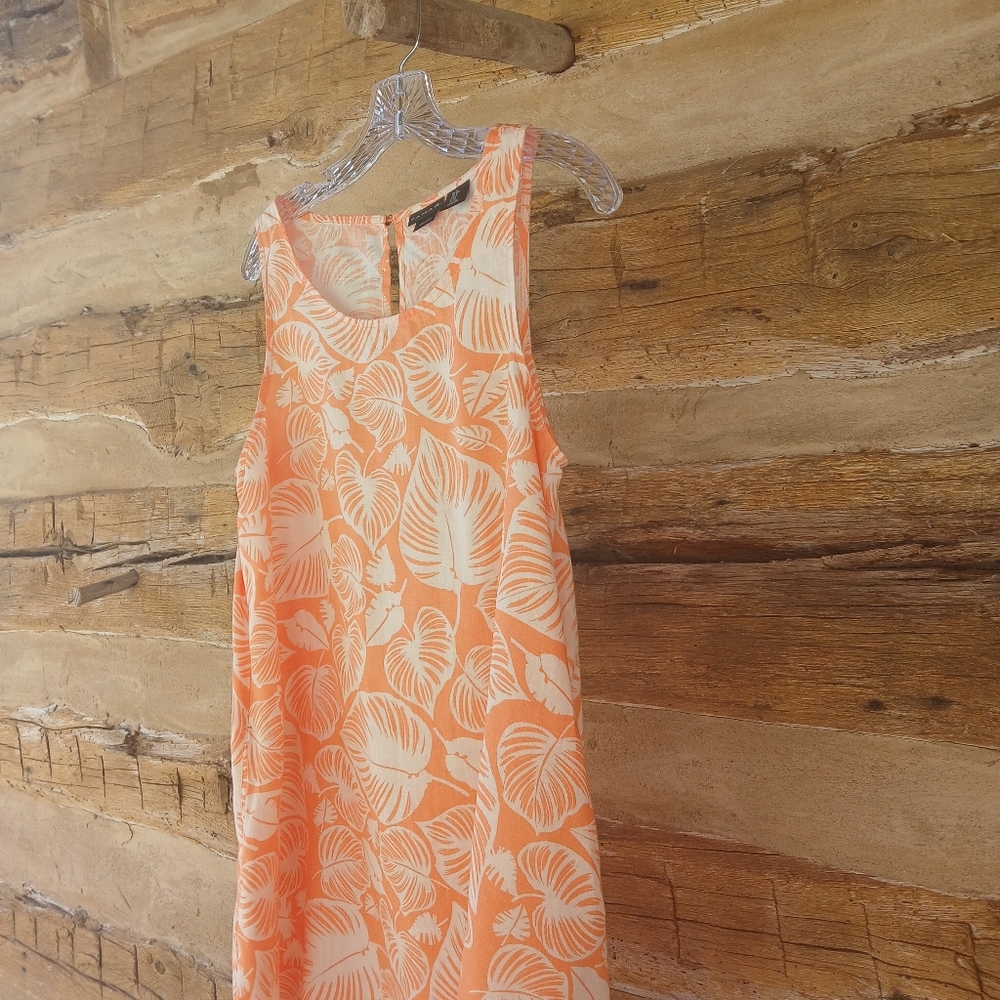 Tahari Sleeveless Orange & White Tropical Print Linen Midi Dress Small - Picture 4 of 8